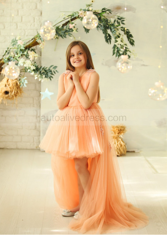 Peach Tulle High Low Floral Embellished Flower Girl Dress